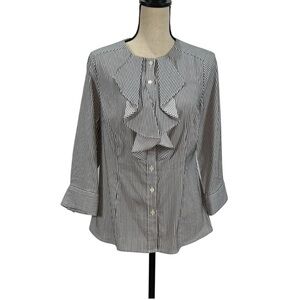 Peter Nygard Striped Ruffle Blouse Women’s Size M Black White 3/4 Sleeve Button